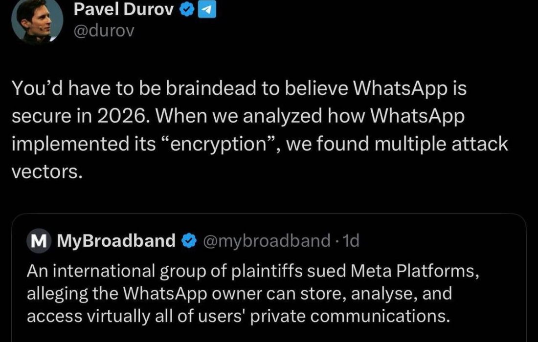 مالک تلگرام: باید دیوانه باشید که باور کنید واتس‌آپ امن است!